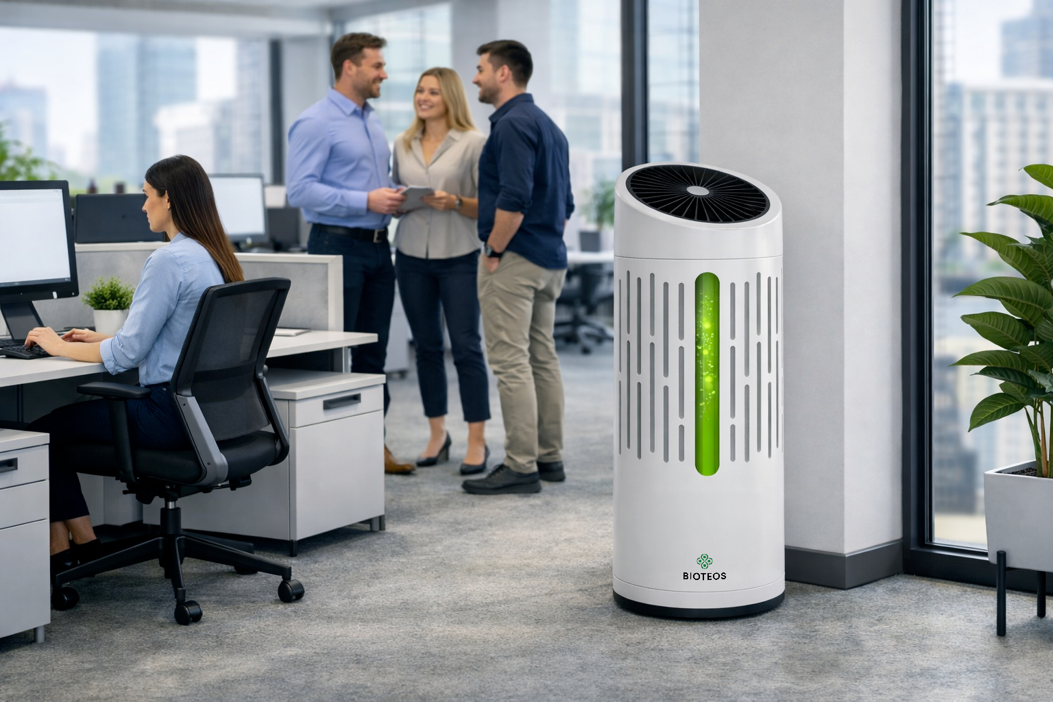 OXYLON 400 déployé dans un bureau open space moderne pour améliorer la qualité de l'air intérieur (QAI), réduire les polluants aéroportés et favoriser le bien-être des occupants dans les bâtiments tertiaires.